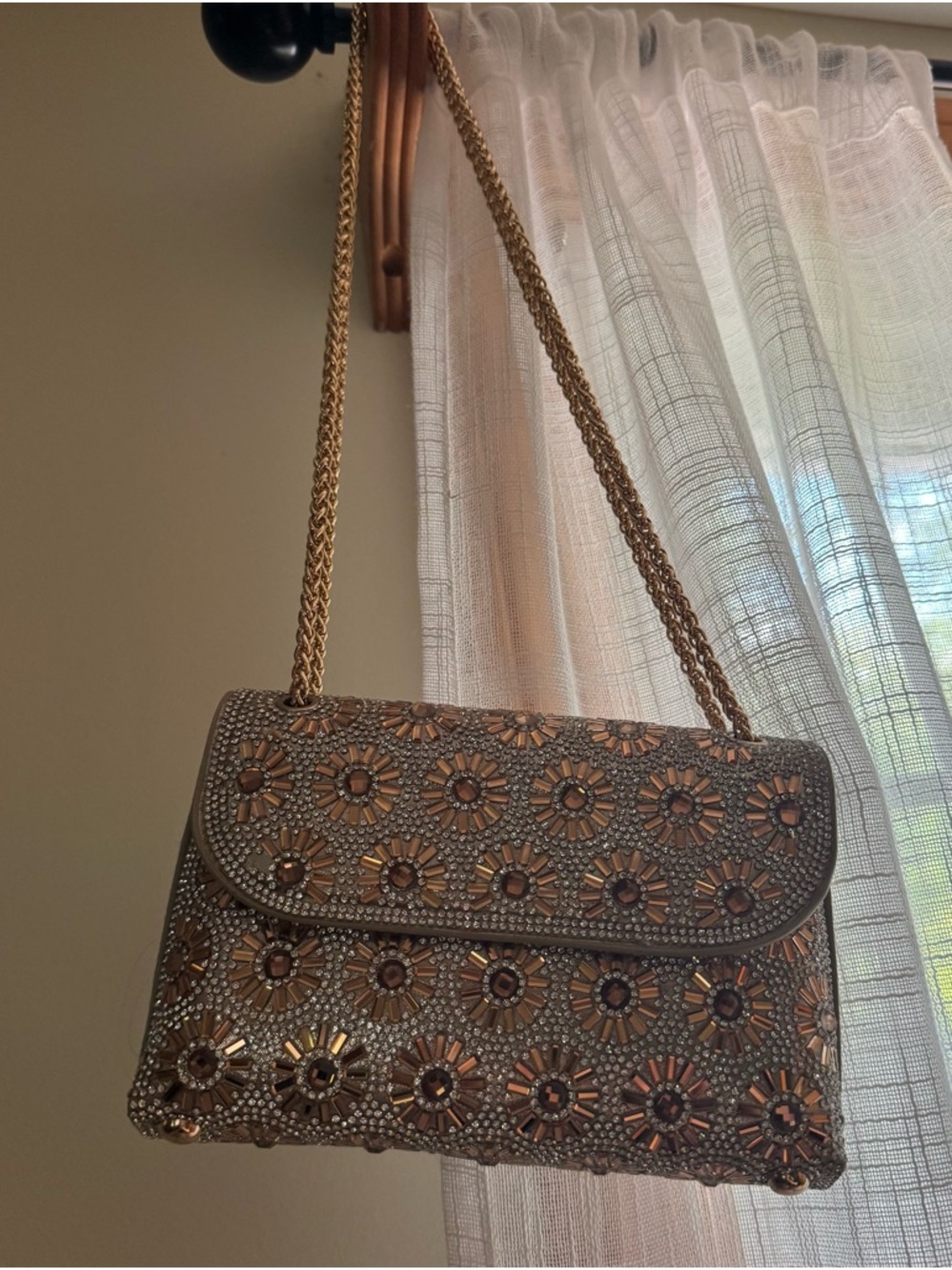 Embellished Floral Bead Shoulder Bag in Bronze